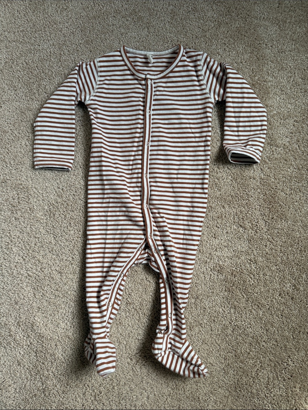 Quincy Mae Brown and White Striped Footed One-Piece.  Size 6-12 months
